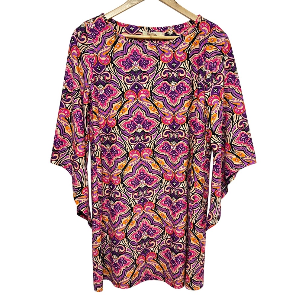 Aryeh Paisley Bell Sleeve Resort Dress Womens Medium Pink Vacation Cruise Travel